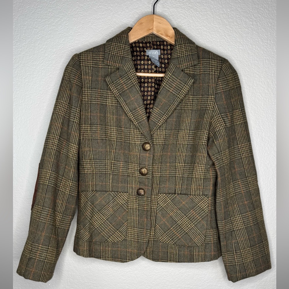dELiA*s Wool Blend Blazer M Brown Plaid Tweed Elbow Patch Y2K‎ Equestrian Mod